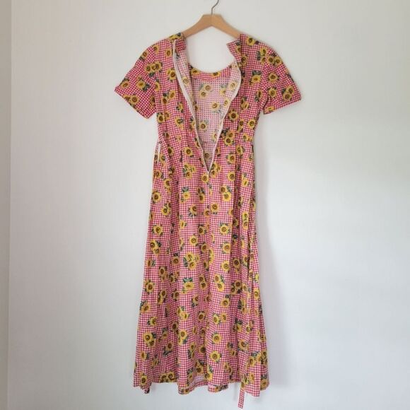 Handsewn Red Gingham Sunflower Midi Dress Pleated Scoop Neck M - Picture 8 of 8